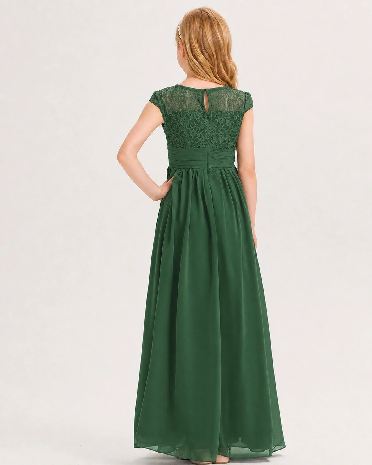 Emerald Green Junior Bridesmaid Dress  Lace Bodice Pleated Waist Chiffon Floor-Length Gown Back View