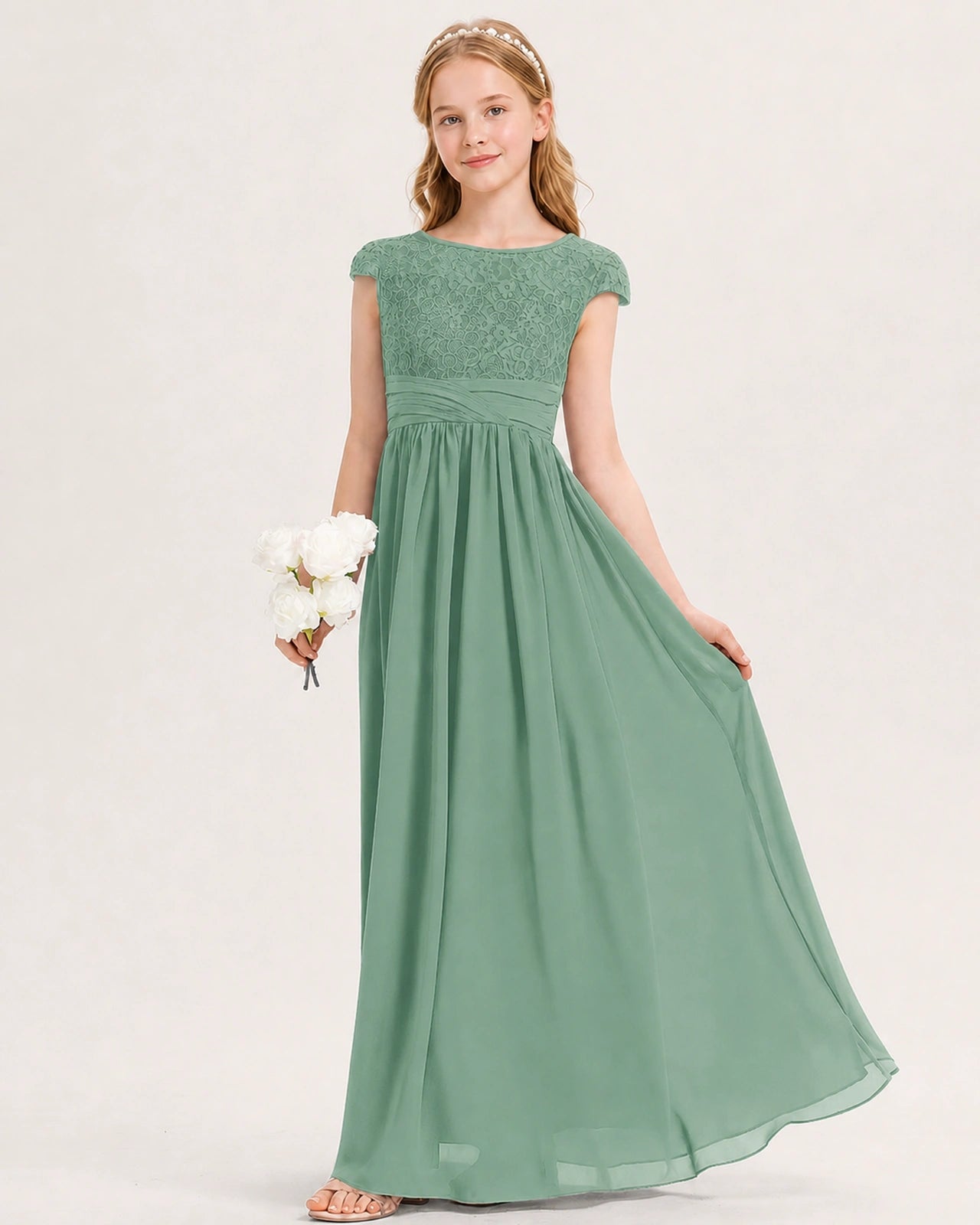 Eucalyptus Junior Bridesmaid Dress  Lace Bodice Pleated Waist Chiffon Floor-Length Gown Front View