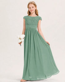 Eucalyptus Junior Bridesmaid Dress  Lace Bodice Pleated Waist Chiffon Floor-Length Gown Front View