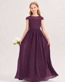 Grape Junior Bridesmaid Dress  Lace Bodice Pleated Waist Chiffon Floor-Length Gown Front View