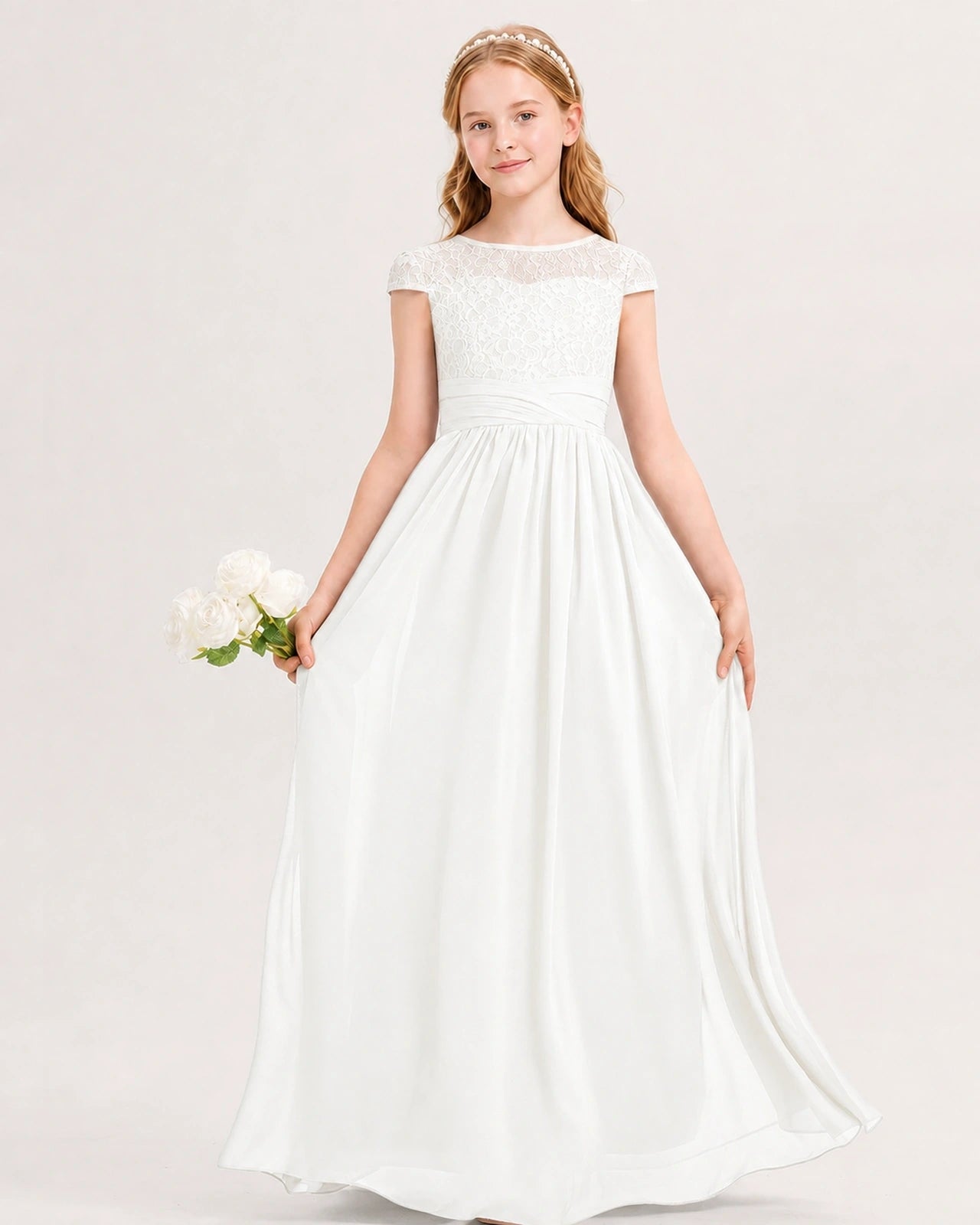 Ivory Junior Bridesmaid Dress  Lace Bodice Pleated Waist Chiffon Floor-Length Gown Front View