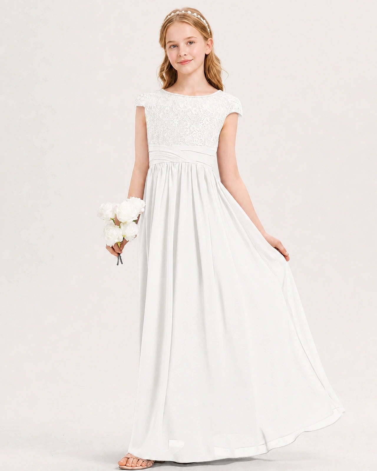Ivory Junior Bridesmaid Dress  Lace Bodice Pleated Waist Chiffon Floor-Length Gown Front View