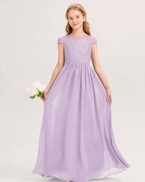 Lavender Junior Bridesmaid Dress  Lace Bodice Pleated Waist Chiffon Floor-Length Gown Front View