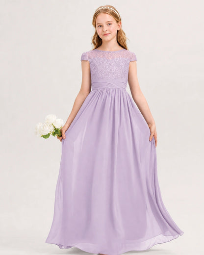 Lavender Junior Bridesmaid Dress  Lace Bodice Pleated Waist Chiffon Floor-Length Gown Front View