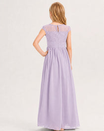 Lavender Junior Bridesmaid Dress  Lace Bodice Pleated Waist Chiffon Floor-Length Gown Back View