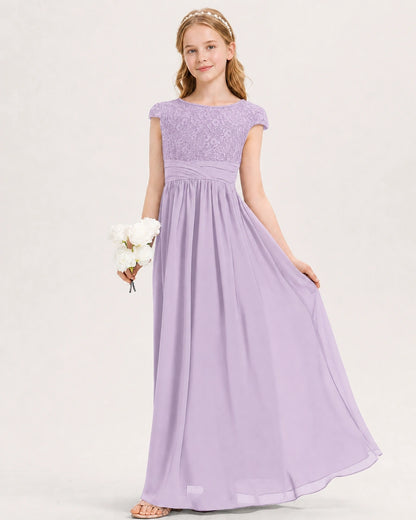 Lavender Junior Bridesmaid Dress  Lace Bodice Pleated Waist Chiffon Floor-Length Gown Front View