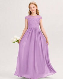 Lilac Junior Bridesmaid Dress  Lace Bodice Pleated Waist Chiffon Floor-Length Gown Front View