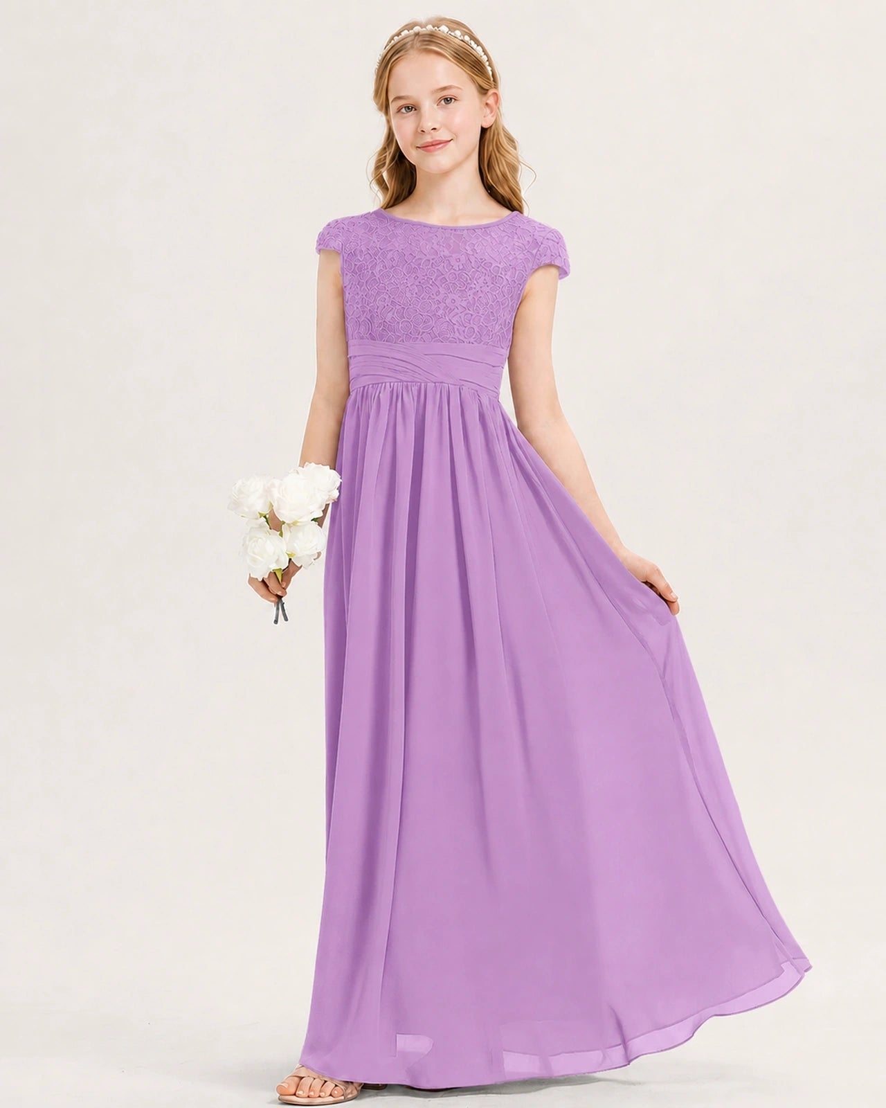 Lilac Junior Bridesmaid Dress  Lace Bodice Pleated Waist Chiffon Floor-Length Gown Front View