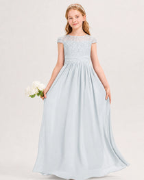 Mist Junior Bridesmaid Dress  Lace Bodice Pleated Waist Chiffon Floor-Length Gown Front View