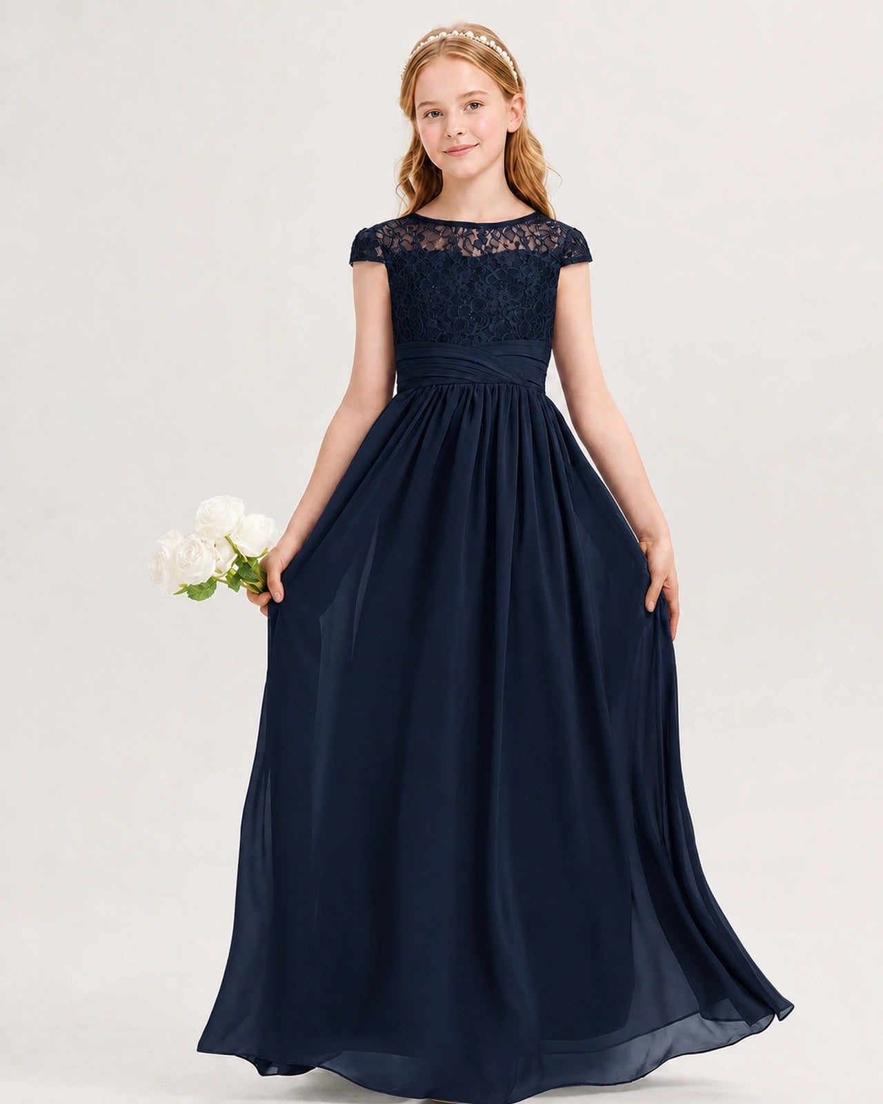 Navy Blue Junior Bridesmaid Dress  Lace Bodice Pleated Waist Chiffon Floor-Length Gown Front View