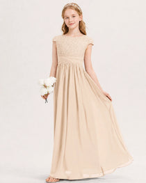 Peach Junior Bridesmaid Dress  Lace Bodice Pleated Waist Chiffon Floor-Length Gown Front View