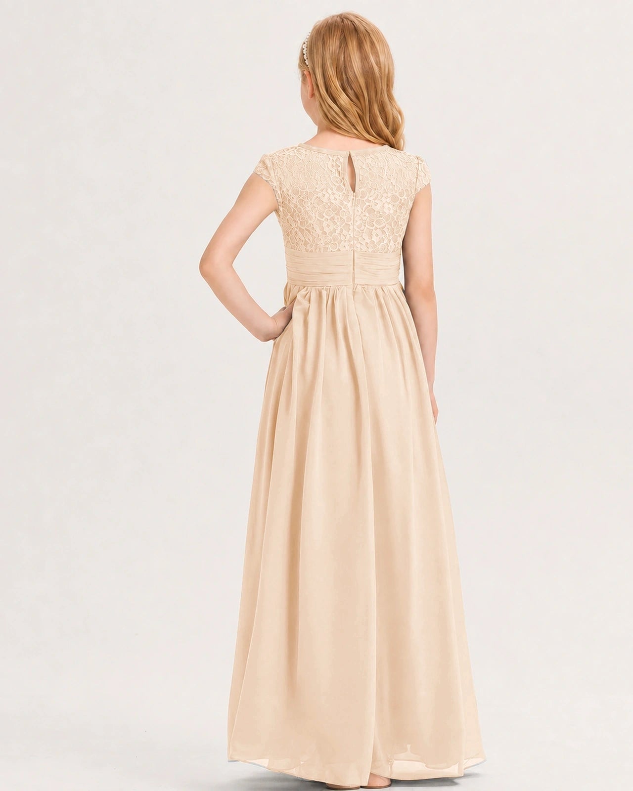 Peach Junior Bridesmaid Dress  Lace Bodice Pleated Waist Chiffon Floor-Length Gown Back View