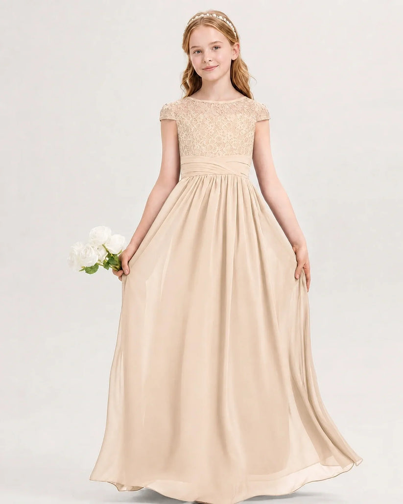 Peach Lace Chiffon A-line Junior Bridesmaid Dress Front View