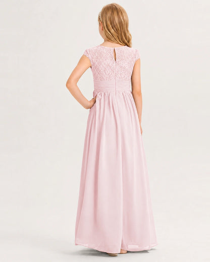 Pink Junior Bridesmaid Dress  Lace Bodice Pleated Waist Chiffon Floor-Length Gown Back View