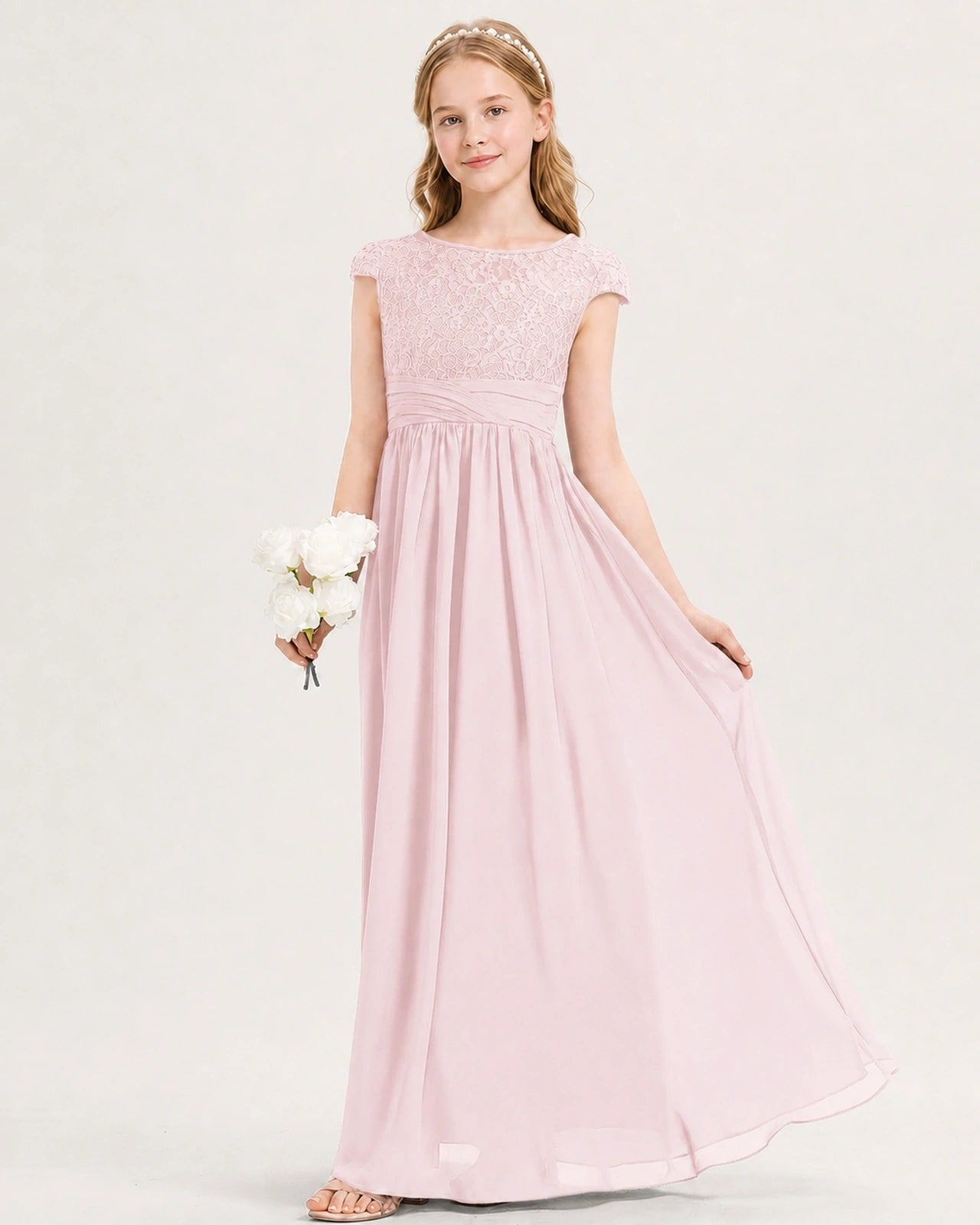 Pink Junior Bridesmaid Dress  Lace Bodice Pleated Waist Chiffon Floor-Length Gown Front View