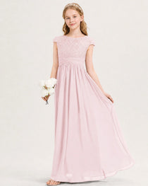 Pink Junior Bridesmaid Dress  Lace Bodice Pleated Waist Chiffon Floor-Length Gown Front View
