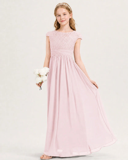 Pink Junior Bridesmaid Dress  Lace Bodice Pleated Waist Chiffon Floor-Length Gown Front View