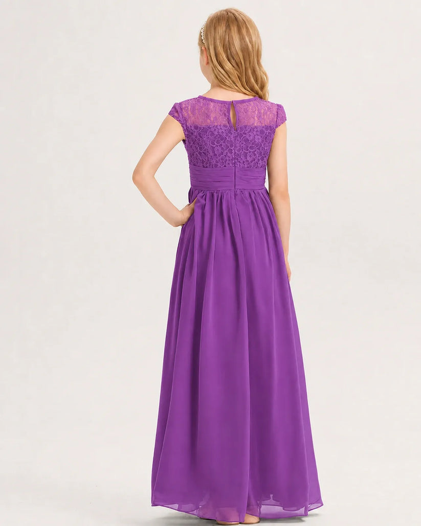 Purple Lace A-line Junior Bridesmaid Dress Back View