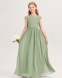 Sage Green Junior Bridesmaid Dress  Lace Bodice Pleated Waist Chiffon Floor-Length Gown Front View