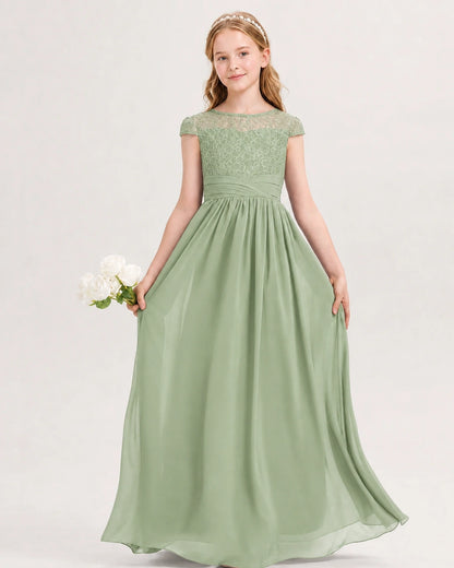 Sage Green Junior Bridesmaid Dress  Lace Bodice Pleated Waist Chiffon Floor-Length Gown Front View