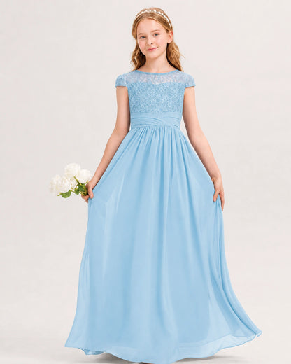Sky Blue Junior Bridesmaid Dress  Lace Bodice Pleated Waist Chiffon Floor-Length Gown Front View