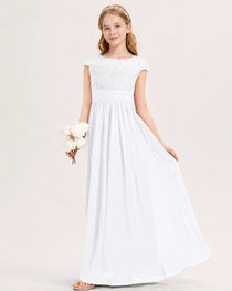 White Junior Bridesmaid Dress  Lace Bodice Pleated Waist Chiffon Floor-Length Gown Front View