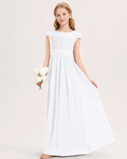White Junior Bridesmaid Dress  Lace Bodice Pleated Waist Chiffon Floor-Length Gown Front View