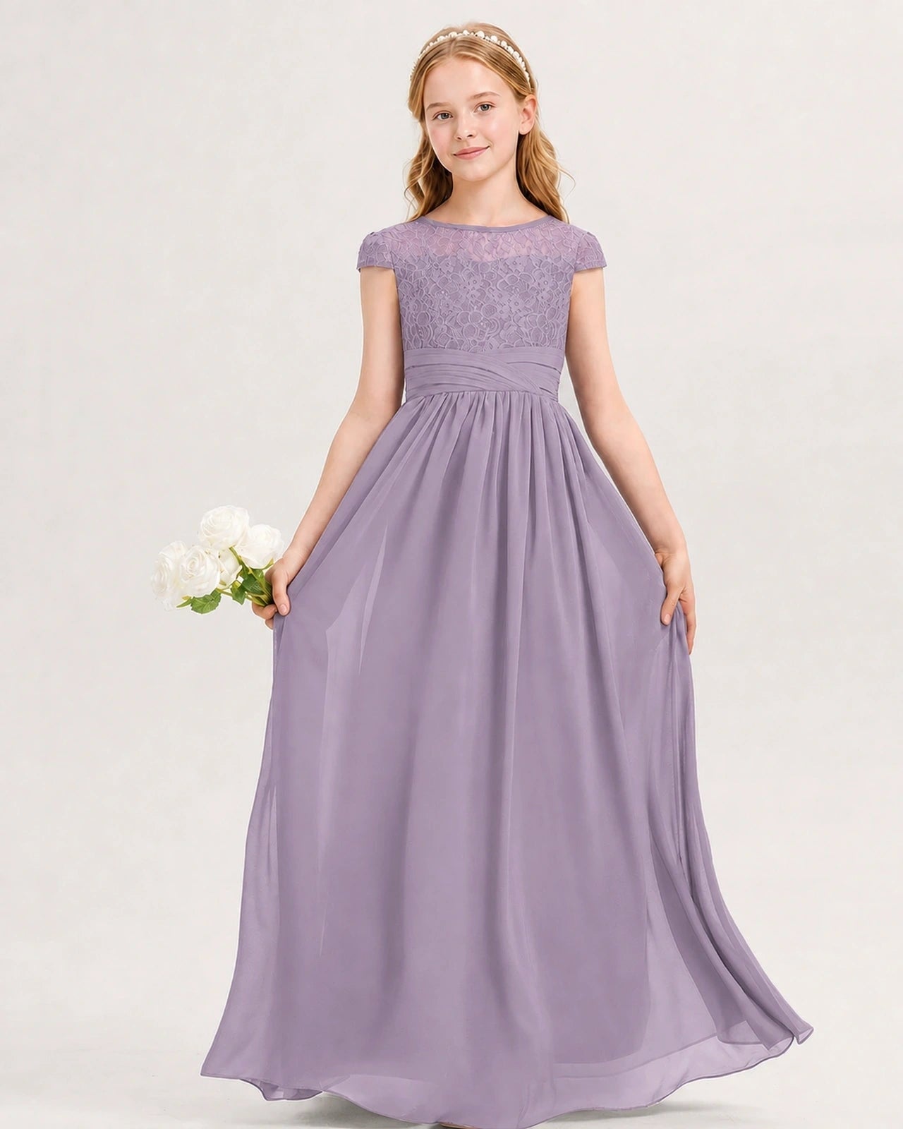 Wisteria Junior Bridesmaid Dress  Lace Bodice Pleated Waist Chiffon Floor-Length Gown Front View