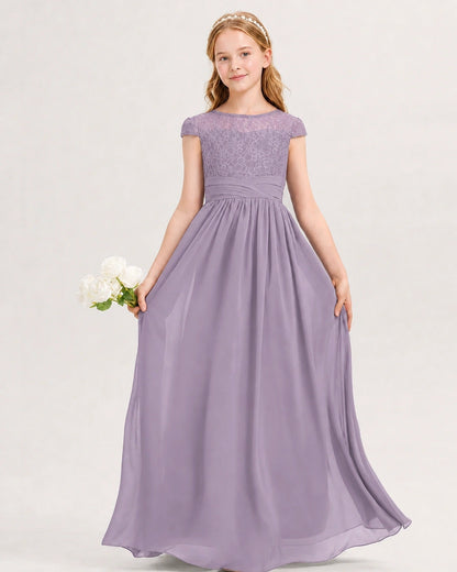 Wisteria Junior Bridesmaid Dress  Lace Bodice Pleated Waist Chiffon Floor-Length Gown Front View