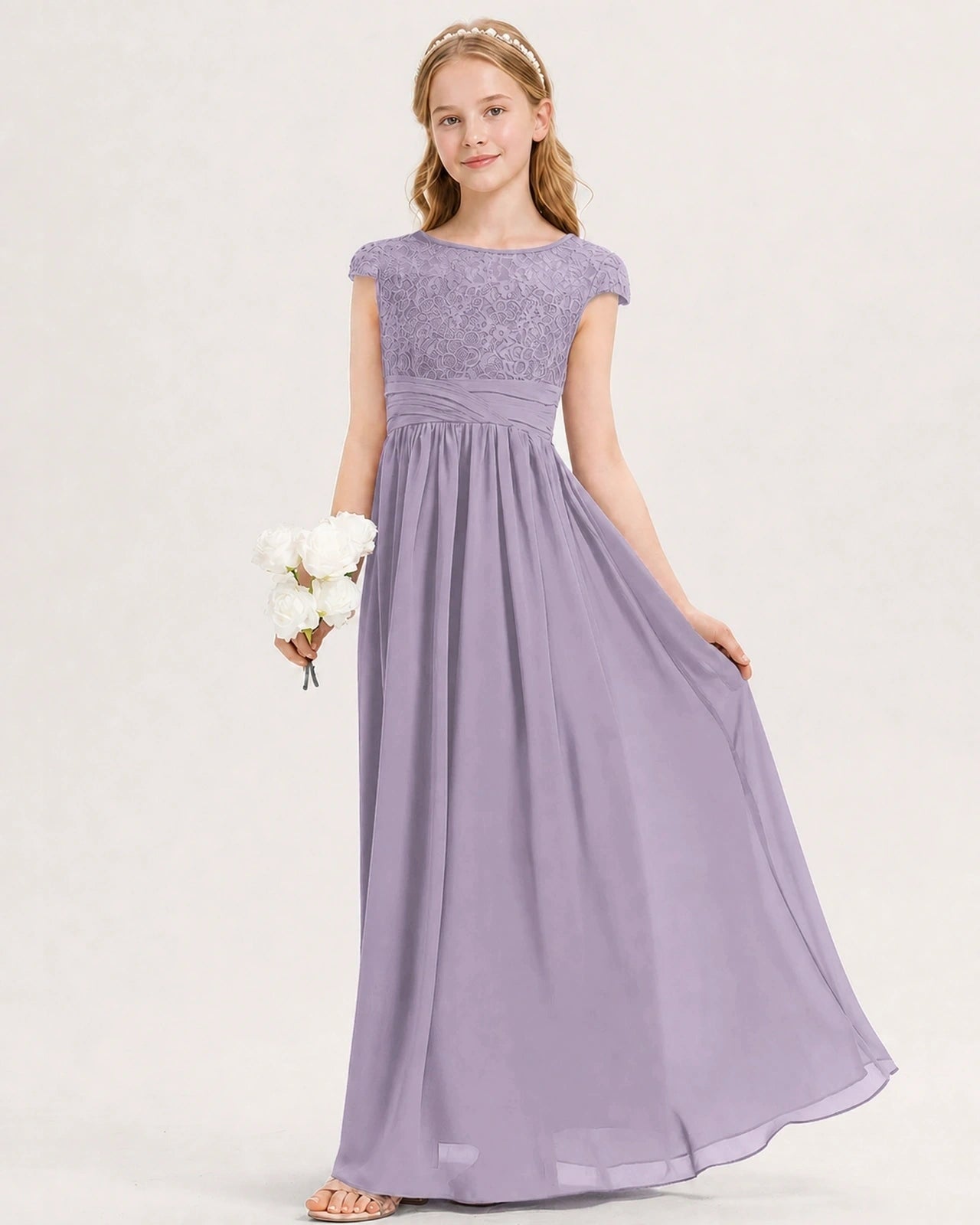 Wisteria Junior Bridesmaid Dress  Lace Bodice Pleated Waist Chiffon Floor-Length Gown Front View
