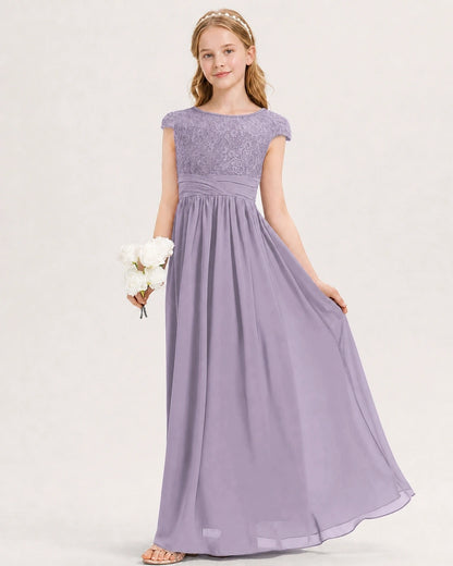 Wisteria Junior Bridesmaid Dress  Lace Bodice Pleated Waist Chiffon Floor-Length Gown Front View