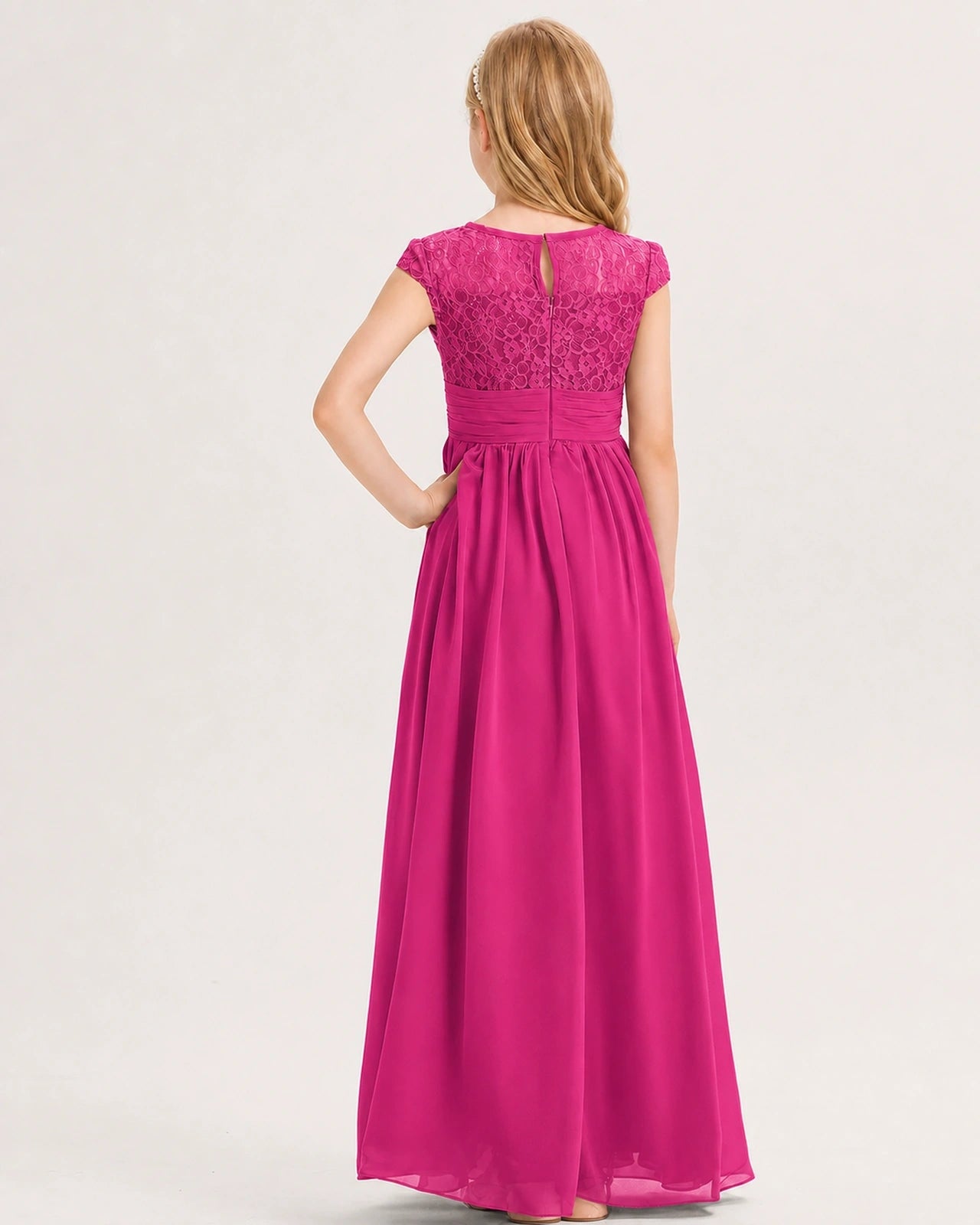 Hot Pink Junior Bridesmaid Dress  Lace Bodice Pleated Waist Chiffon Floor-Length Gown Back View