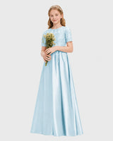 Baby Blue Satin A-line Junior Bridesmaid Dress Front View