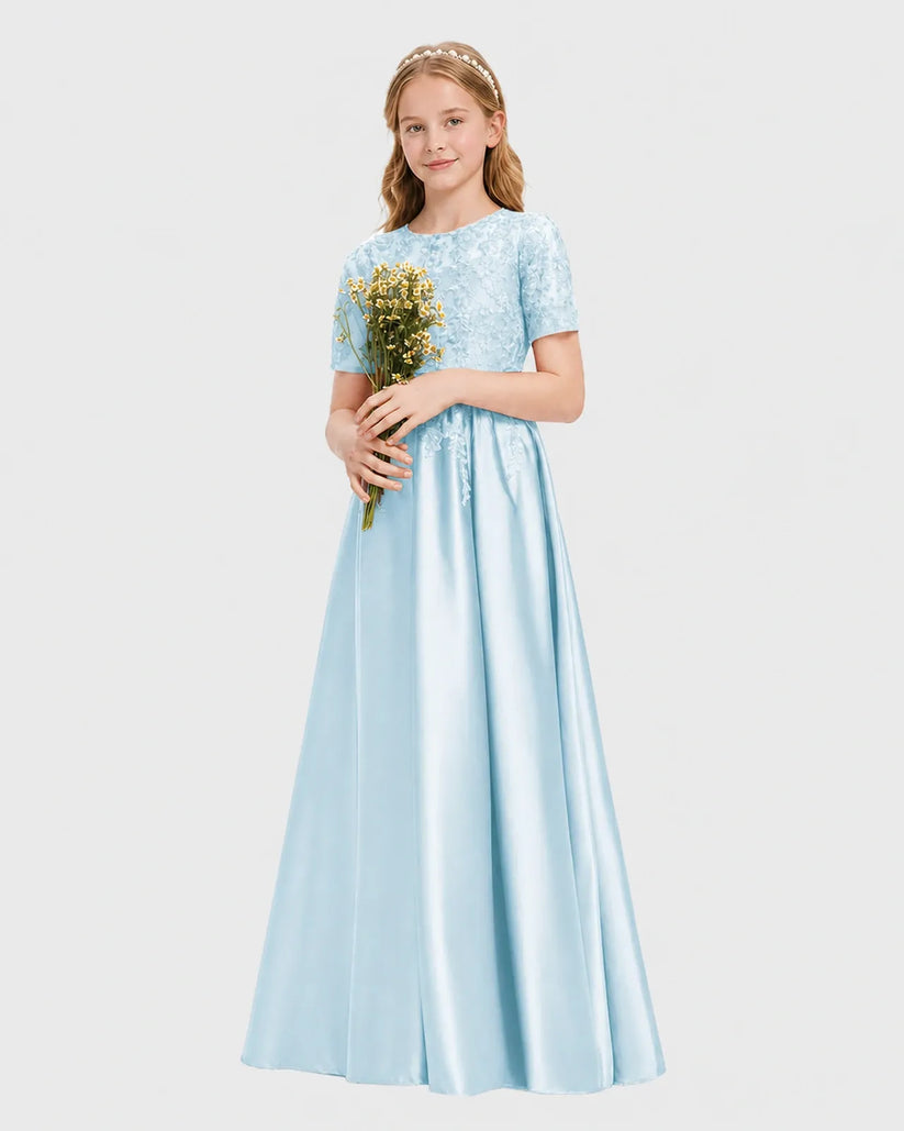 Baby Blue Satin A-line Junior Bridesmaid Dress Front View