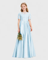 Baby Blue Satin A-line Junior Bridesmaid Dress Front View