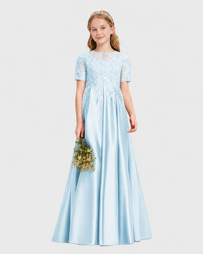 Baby Blue Junior Bridesmaid Dress Illusion Neck Lace Button Back Satin Maxi Gown Front View