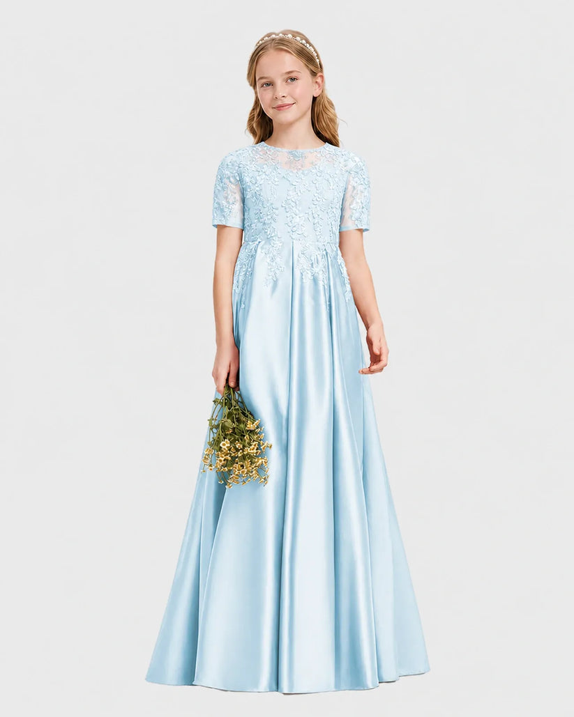 Baby Blue Satin A-line Junior Bridesmaid Dress Front View