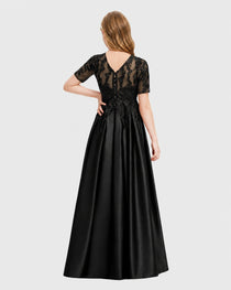 Black Junior Bridesmaid Dress Illusion Neck Lace Button Back Satin Maxi Gown Back View
