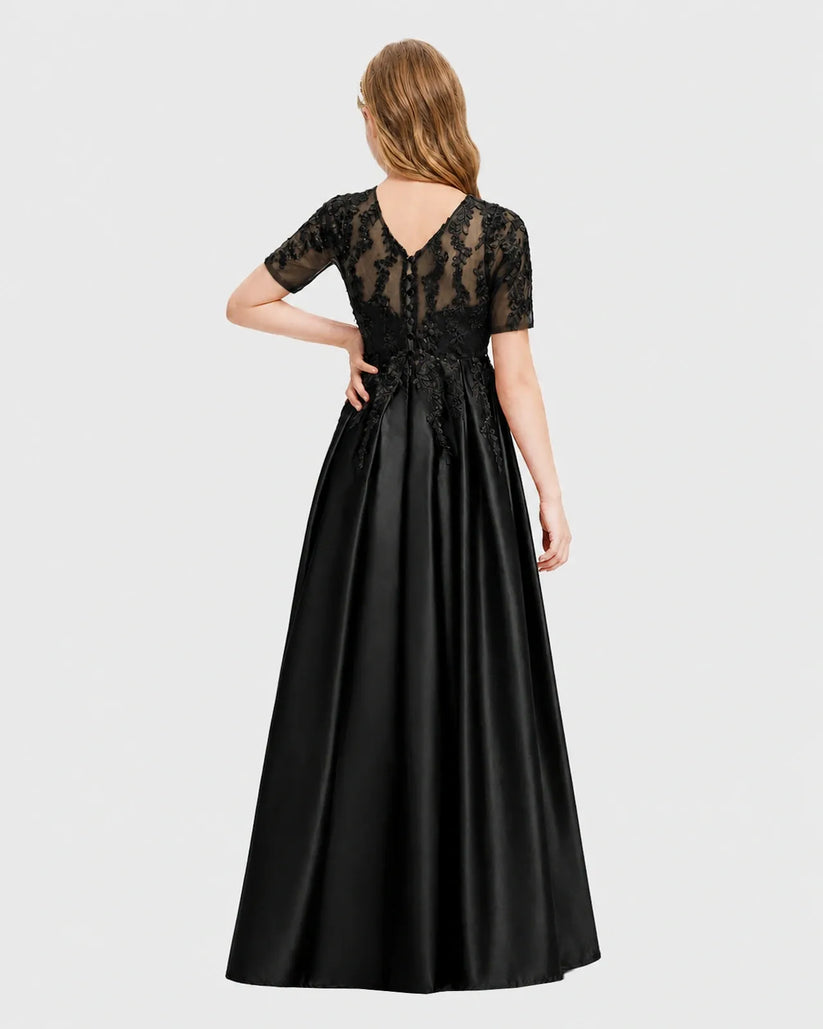 Black Satin A-line Junior Bridesmaid Dress Back View