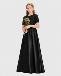 Black Junior Bridesmaid Dress Illusion Neck Lace Button Back Satin Maxi Gown Front View