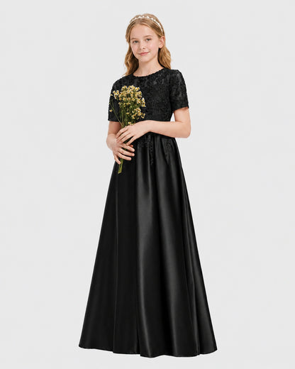 Black Junior Bridesmaid Dress Illusion Neck Lace Button Back Satin Maxi Gown Front View