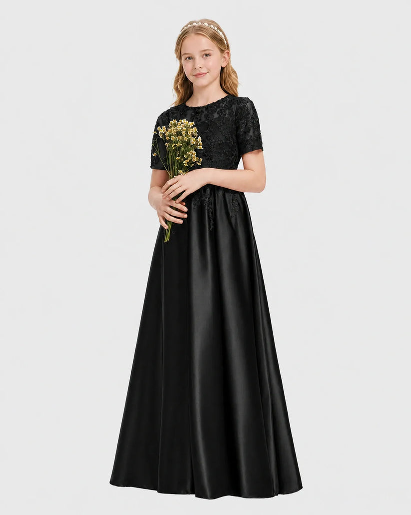 Black Lace A-line Junior Bridesmaid Dress Front View