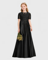 Black Satin A-line Junior Bridesmaid Dress Front View