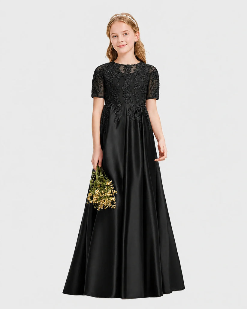 Black Satin A-line Junior Bridesmaid Dress Front View