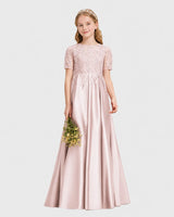 Blush Pink Satin A-line Junior Bridesmaid Dress Front View