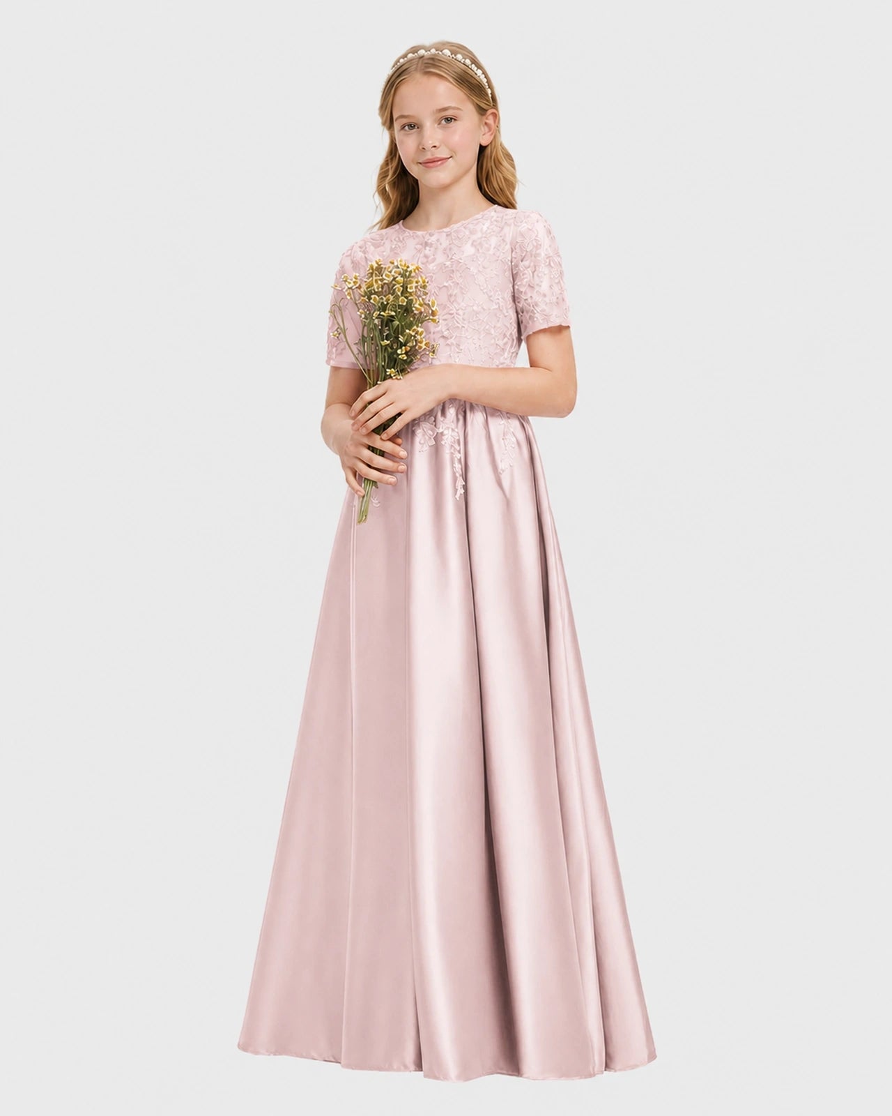 Blush Pink Junior Bridesmaid Dress Illusion Neck Lace Button Back Satin Maxi Gown Front View