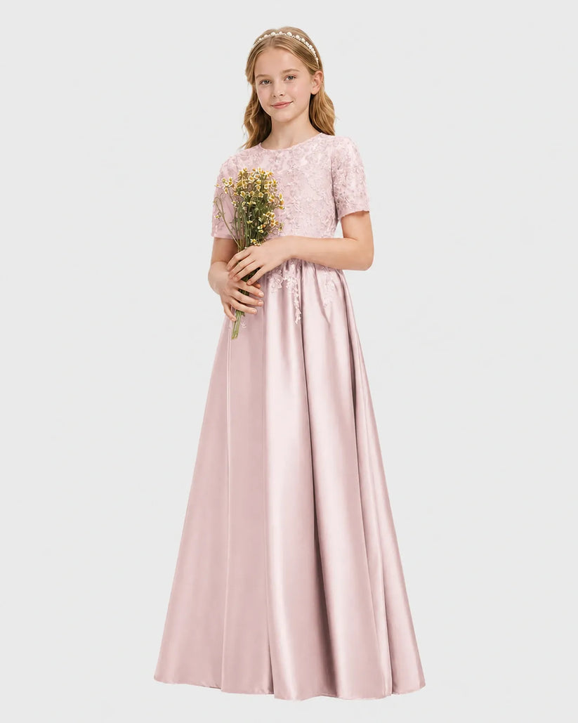Blush Pink Satin A-line Junior Bridesmaid Dress Front View