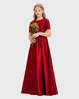Burgundy Satin A-line Junior Bridesmaid Dress Front View