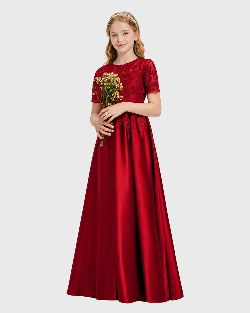 Burgundy Satin A-line Junior Bridesmaid Dress Front View