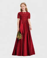 Burgundy Satin A-line Junior Bridesmaid Dress Front View